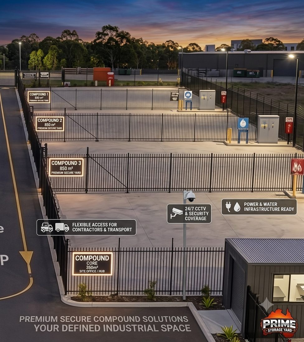 Aerial view of Prime Storage Yard compounds, drive loop and truck parking